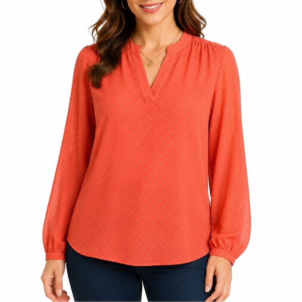 A.N.A Women's Blouse Size S Orange Long Sleeve V-Neck Sheer Polka Dot Top